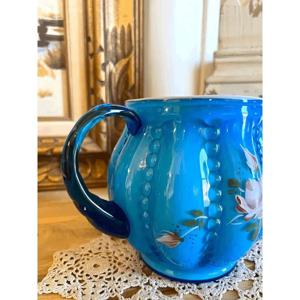 Vintage Fenton Melon Rib Blue Topaz Pitcher – 1992 Hand Painted Floral Art Glass